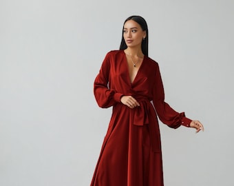 Burgundy Silk Satin Midi Dress: Elegant Long Sleeve Formal Gown