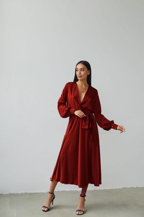 chinese dress ladies Raffie | Plum Long-Sleeve Midi Dress with Satin Wrap Skirt main image 1