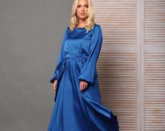 cobalt blue midi dress with sleeves Cobalt Blue Solid Tiered Dress – Ambraee main image 0
