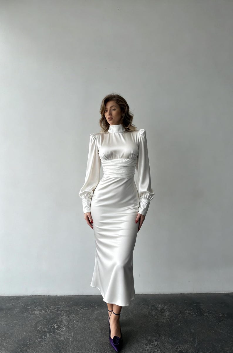 May include: A floor-length white satin dress featuring a high neckline, long sleeves with buttoned cuffs, and a gathered, ruched waistline. The garment has a fitted bodice and a flowing skirt that extends to the lower calf, crafted from a smooth, reflective fabric.