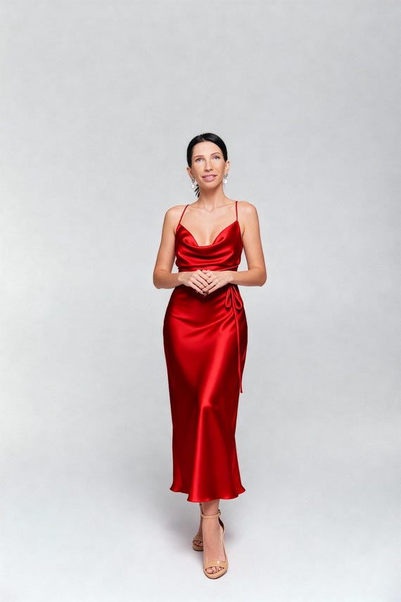 red cowl neck formal dress Satin Slip Dress, Midi Gown, Cocktail Party Web collection: city