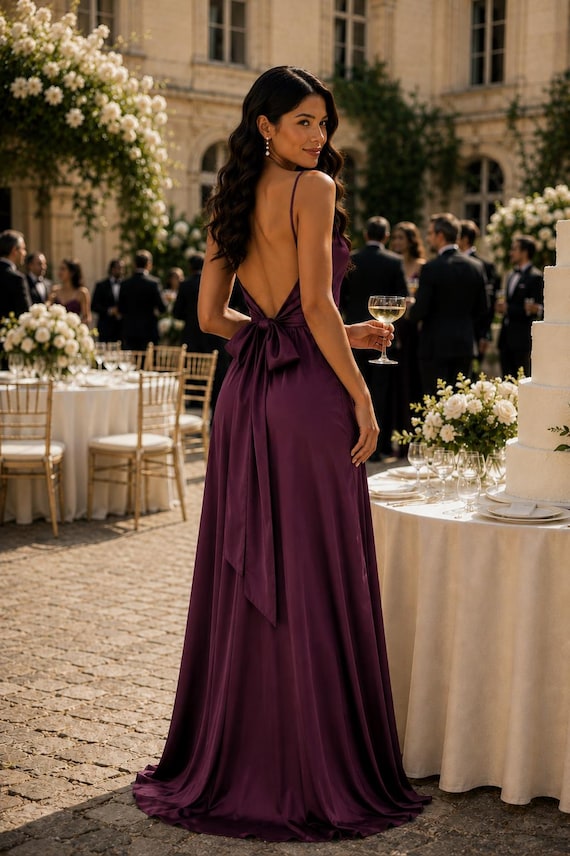plum backless dress Elegant Silk Satin Bow Tie Evening Gown, Cowl Neck High Slit Maxi Dress, Wedding Guest Color:cream fitting skirt with a Longsleeve Jaded London Enya Backless