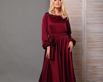 burgundy satin wedding guest dress Chic Burgundy Wedding Guest Dress Straps A-Line Satin Long Evening Dre EvaFashionDress