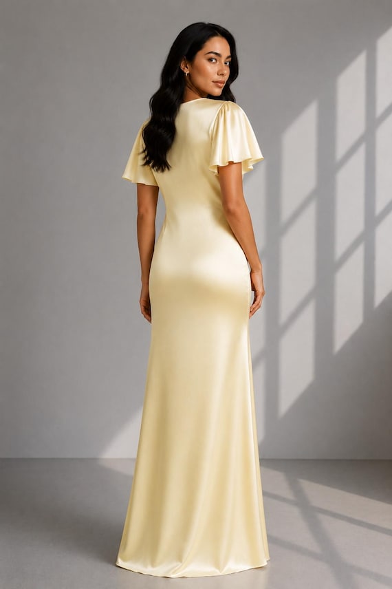 Champagne Bridesmaid Dress, Elegant Silk Satin Flutter Sleeve Maxi Dress, Formal Wedding Guest Gown, Elegant Evening Dress