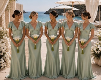Sage Green Bridesmaid Dress,  Elegant Silk Satin Flutter Sleeve Maxi Dress, Formal Wedding Guest Gown, Elegant Evening Dress