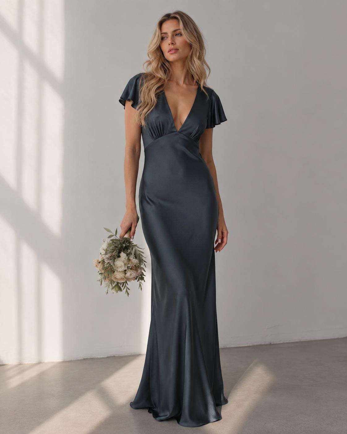 Charcoal Grey Bridesmaid Dress, Elegant Silk Satin Flutter Sleeve Maxi Dress, Formal Wedding Guest Gown, Elegant Evening Dress