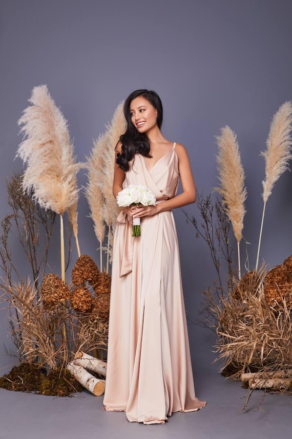 sachin and babi light blue dress Champagne Satin Maxi Dress, Wrap Formal Evening Gown
