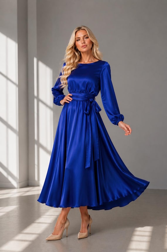 Royal Blue Silk Satin Midi Dress, Long Sleeve A-Line Cocktail Dress, Elegant Wedding Guest Dress, Modest Formal Party & Evening Dress