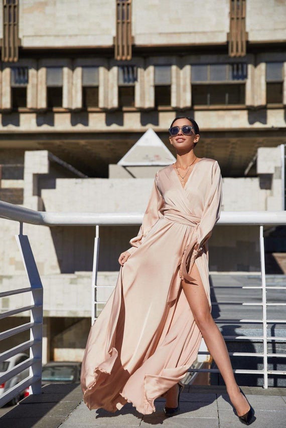 Champagne Silk Satin Maxi Dress: Elegant Evening Gown, Wedding Guest - Etsy