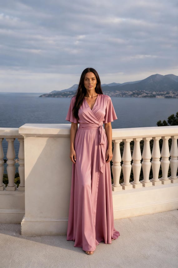 boho dusty pink dress Silk Satin Wrap Maxi Dress, Flutter Sleeve, Wedding Guest Bridesmaid Gown This classic boho piece