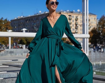 Emerald Green Silk Wrap Dress: Elegant Maxi Gown With Belt - Etsy