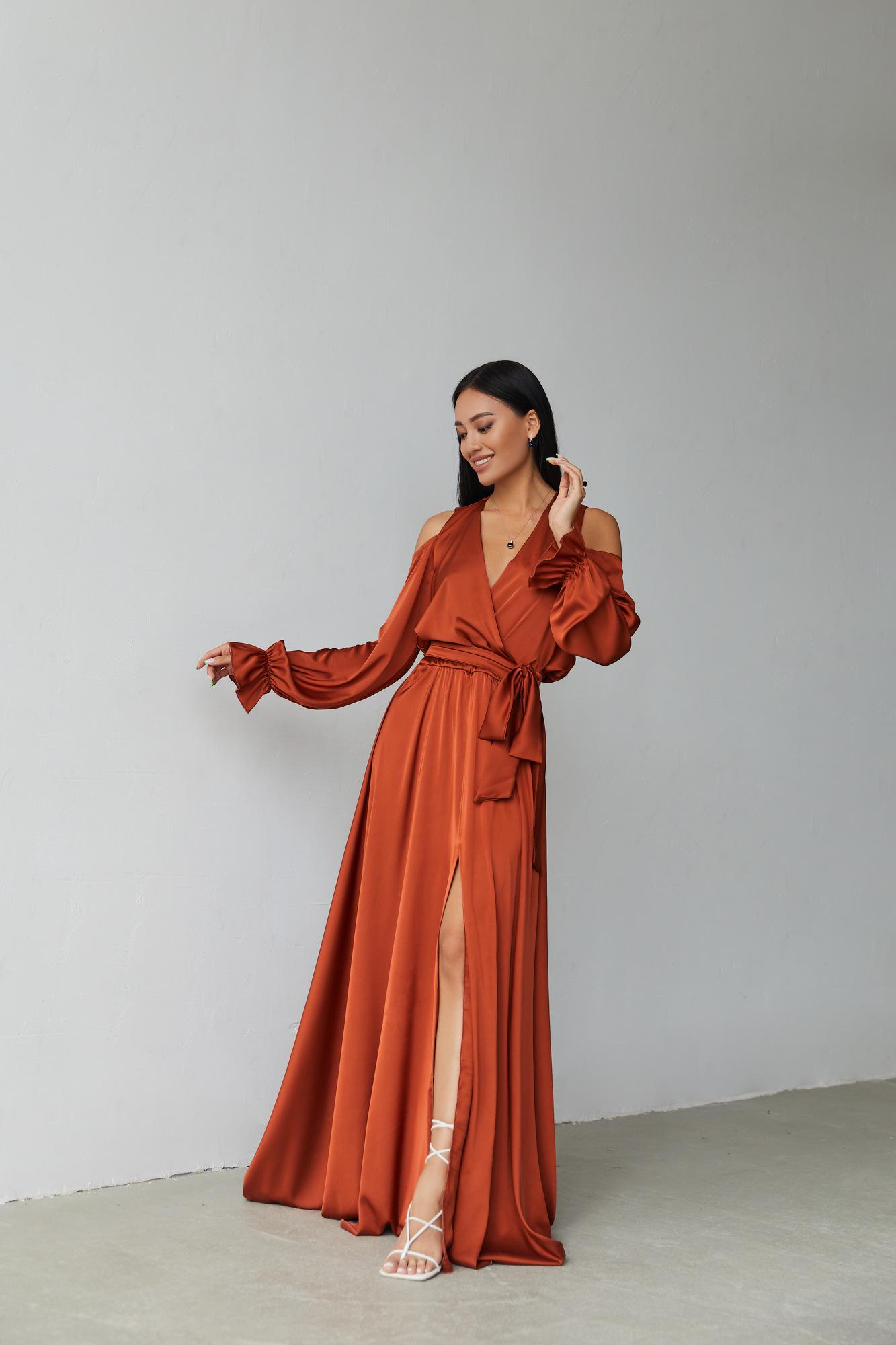 knee length dresses for ladies Long Burnt orange Chiffon Bell Sleeve Bridesmaid Dresses – Lisposa