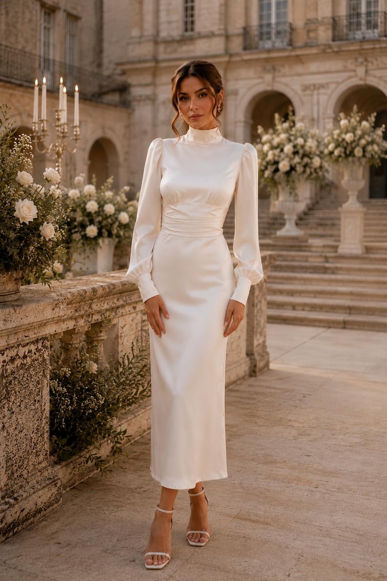 May include: A floor-length ivory satin dress featuring a high mock neckline, long sleeves with gathered shoulders and buttoned cuffs, and a fitted waistline. The garment has a smooth, lustrous finish and a straight skirt silhouette.
