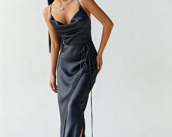 Charcoal Grey Satin Slip Dress, Backless Bridesmaid Dress, Cowl Neck Formal Maxi Gown