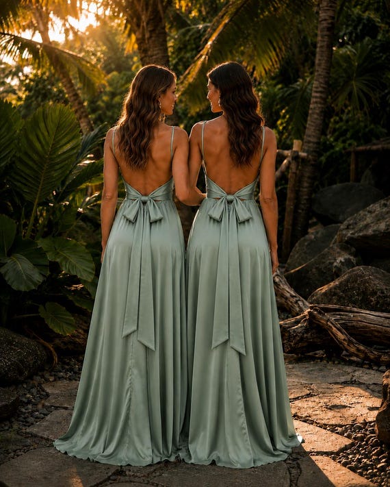 Sage Green Silk Satin Backless Bow Tie Maxi Dress, Elegant Bridesmaid Dress, Cowl Neck High Slit Gown, Wedding Guest Dress