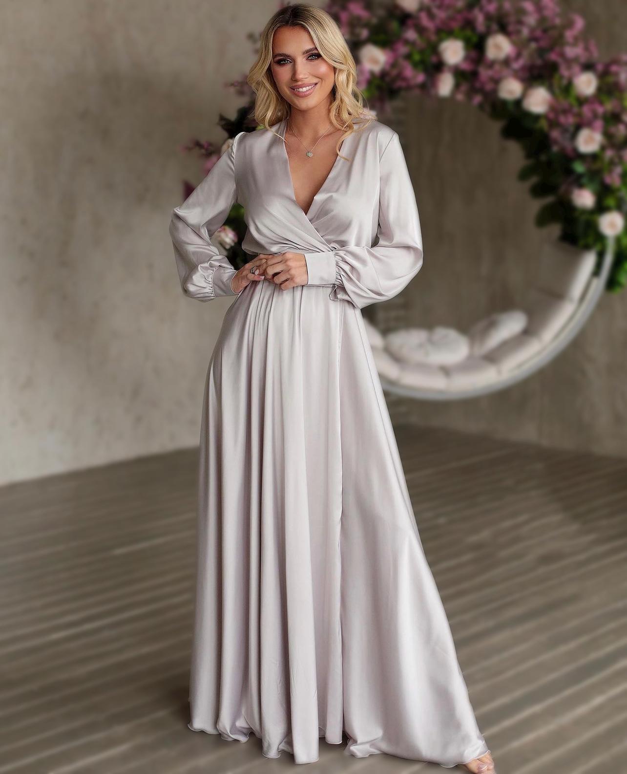 Silver Grey Silk Satin Maxi Dress: Elegant Long Sleeve Evening Gown - Etsy