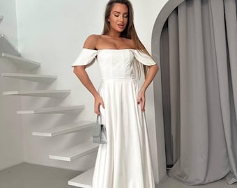 White Silk Satin Off-Shoulder Corset Gown: Elegant Civil Wedding Bridal Dress