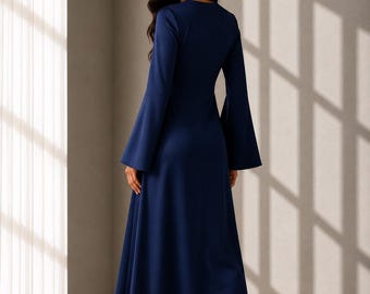 Navy Blue Silk Satin Long Sleeve Maxi Dress, Elegant Evening Gown, Minimalist Wedding Guest Dress, Modest Formal Dress