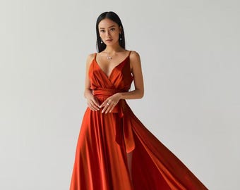 Rust Bridesmaid Dress Brunt Orange Dress Satin Maxi Dress V-neck Silk Maxi  Dress With V-neck Floor Lenght Prom Dress - Etsy