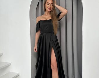 Black Silk Satin Off-Shoulder Corset Gown: Elegant Formal Evening Maxi Dress, Black-Tie Dress