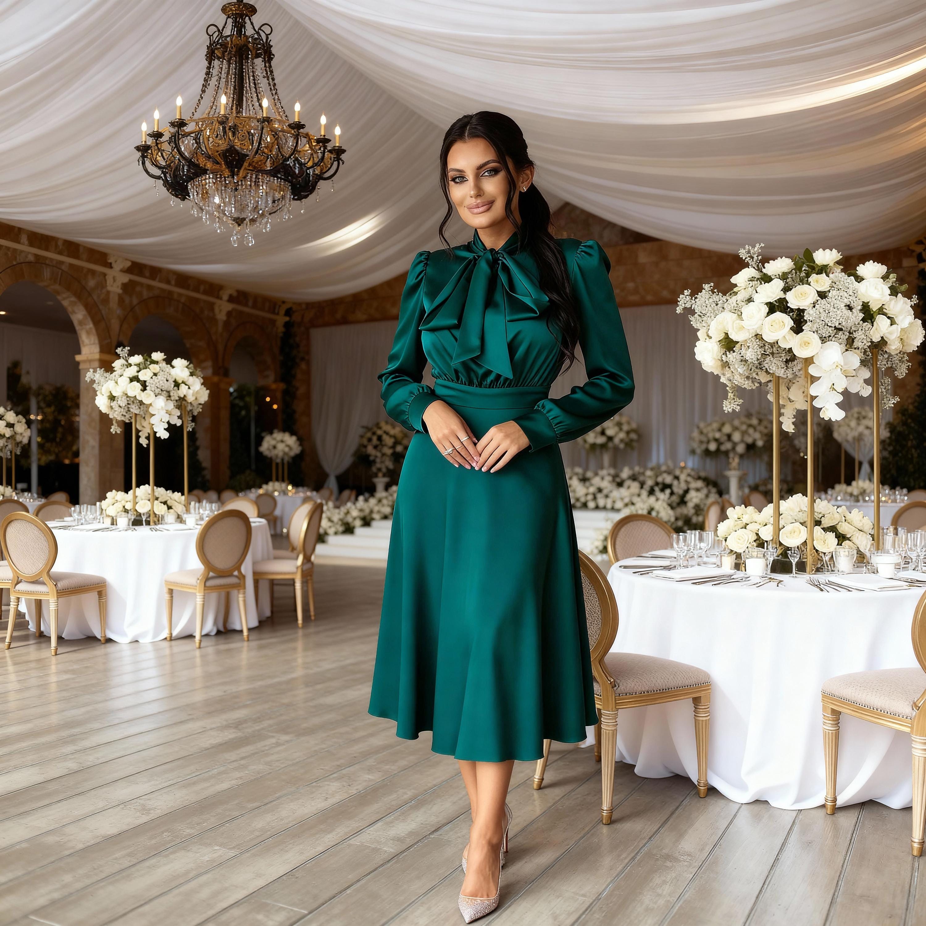 Hunter Green Long Sleeve Dress for Wedding Guest - Etsy Hunter Green Long Sleeve Dress for Wedding Guest - Etsy