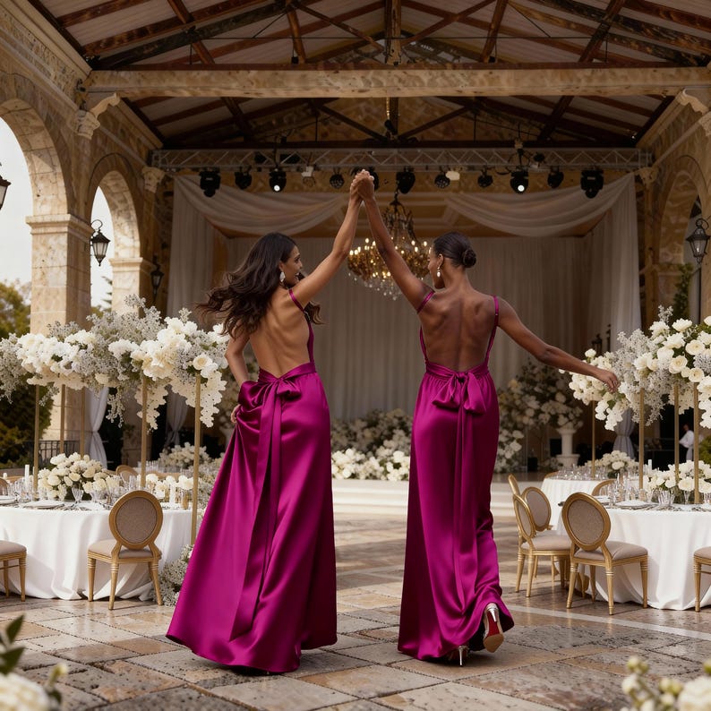 K&ouml;nnte beinhalten: Zwei Frauen in fuchsiafarbenen Satinkleidern mit offenem R&uuml;cken und Schleifendetails, die sich an den H&auml;nden halten und tanzen. Die Kleider sind bodenlang. Die Szene ist eine Outdoor-Veranstaltung mit Blumenschmuck und Tischen.