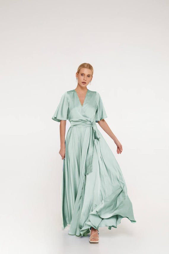 Sage Green Satin Maxi Dress, Flutter Sleeve Wrap Gown - Etsy Israel