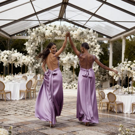 knee length dresses for ladies Light Purple Floral Silk Maxi Dress with Scarf Neckline