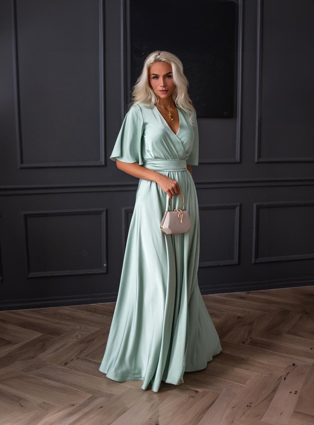 slim fit dress slacks Sage green chiffon wrap dress, chiffon bridesmaid dress, wedding guest dress,  bridesmaids dress, chiffon long wrap dress, chiffon long sleeves dress,  evening dress, formal chiffon dress, ruffle chiffon dress – ENME.ME main image 1