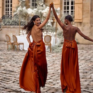 Rust Silk Satin Backless Maxi Dress – Bridesmaid Dress, Wedding Guest Dress, Elegant Evening Formal Gown, Boho Beach Dress, Long Prom Dress