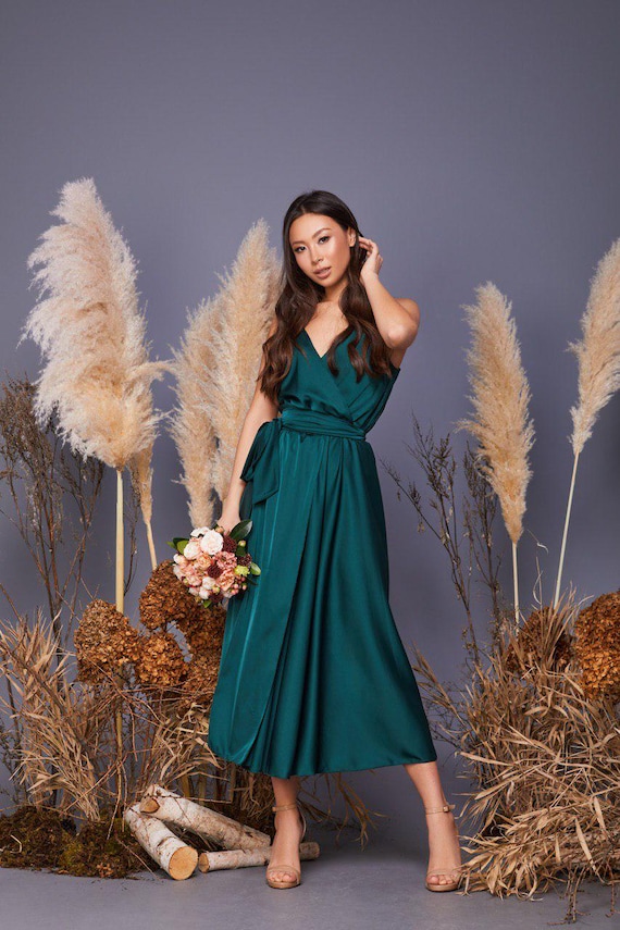 green midi dress wedding guest Olive Satin with Pocket Olive Green / Medium Hang or lay flat to dry Emerald Green Silk Satin Midi