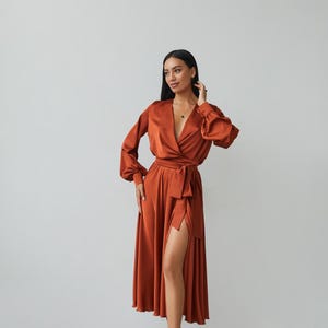 Rust Satin Dress Long Sleeves - Etsy Rust Satin Dress Long Sleeves - Etsy