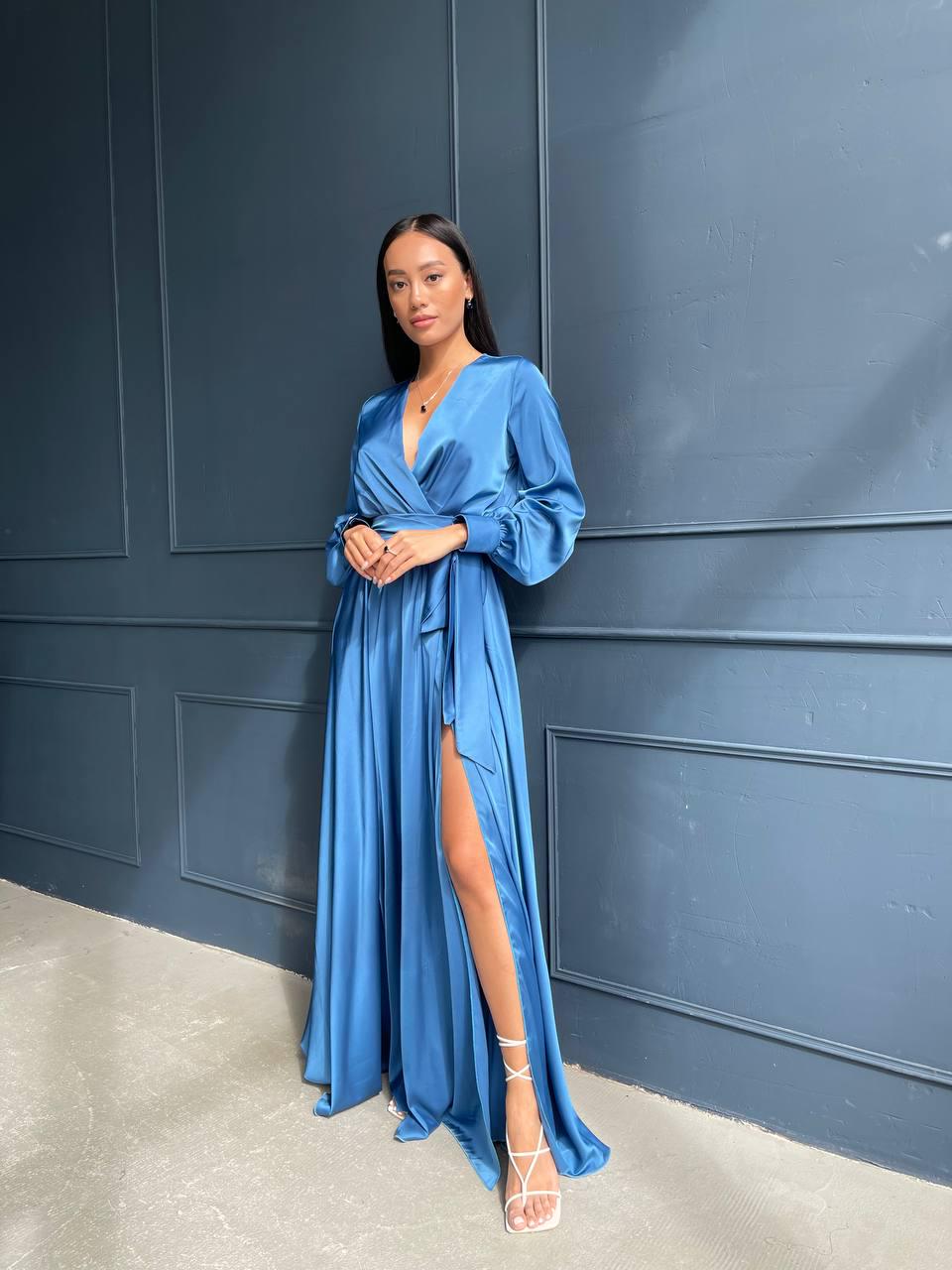 sapphire blue silk dress Satin Wrap Dress, Long Sleeve Maxi Gown, Wedding Guest Size:XL 17.5