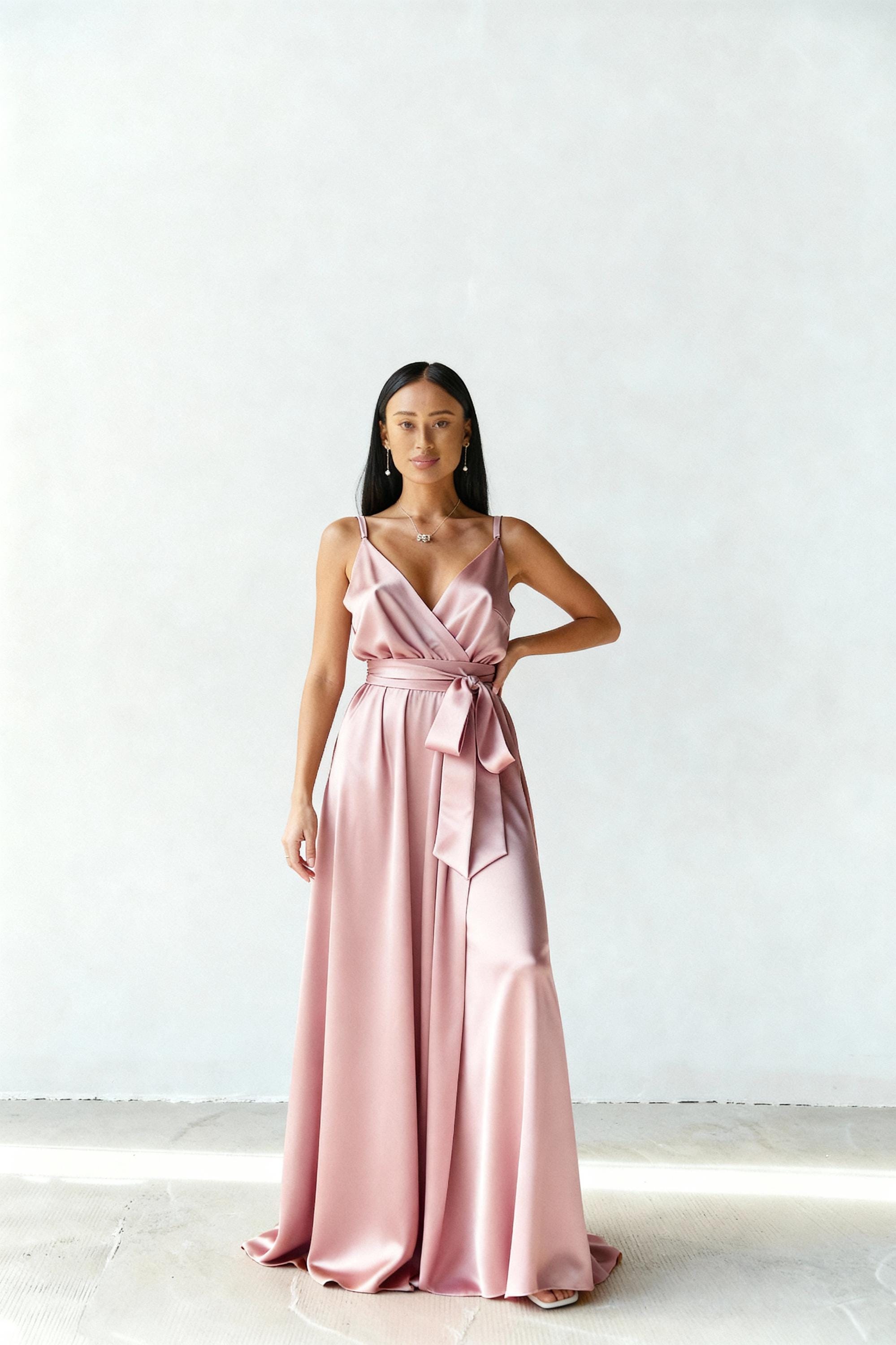 Dusty Pink Satin Maxi Dress, Wrap Formal Evening Gown - Etsy Dusty Pink Satin Maxi Dress, Wrap Formal Evening Gown - Etsy