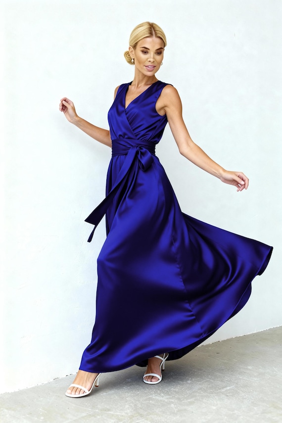 Royal Blue Silk Satin Wrap Maxi Dress for Bridesmaids, Elegant Backless Summer Gown Royal Blue Silk Satin Wrap Maxi Dress for Bridesmaids, Elegant Backless Summer Gown
