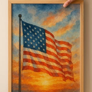 American Flag Watercolor Print – Patriotic Wall Art USA – 4th of July Decor – Independence Day Poster – Red White Blue Home Decor