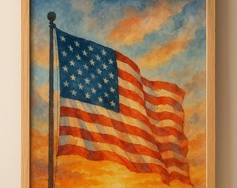 Impresión de acuarela de la bandera estadounidense – Arte mural patriótico de EE. UU. – Decoración del 4 de julio – Póster del Día de la Independencia – Decoración para el hogar en rojo, blanco y azul