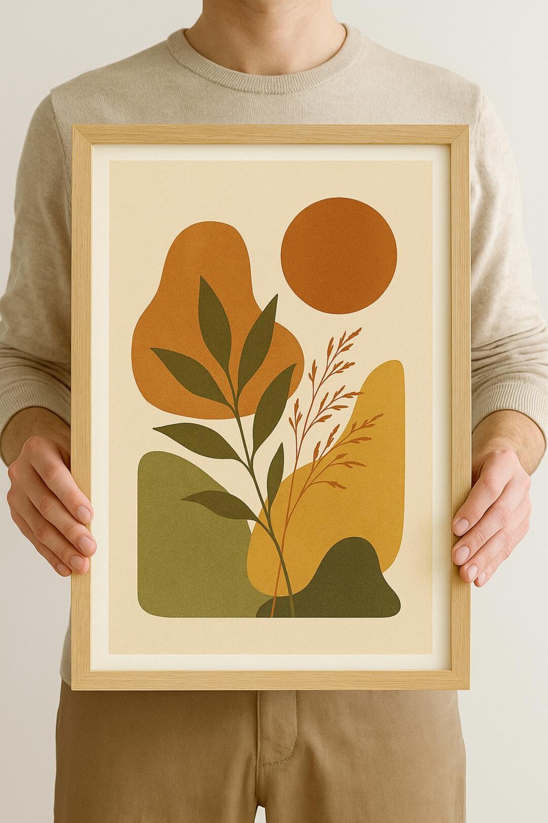 Retro Boho Botanical Wall Art Print, Abstract Mid Century Modern Plant ...