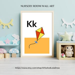 K wie Kite Print - Alphabet-Kinderzimmer-Wandkunst | Himmel Kinderzimmer Dekor | Lehrreiches A-Z Poster | Baby-Dusche-Geschenk | Auf Bestellung