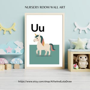Impresión "U de Unicornio" - Arte mural con el alfabeto para habitación infantil / Decoración mágica para habitación infantil / Póster educativo de la A a la Z / Regalo para baby shower / Hecho a medida