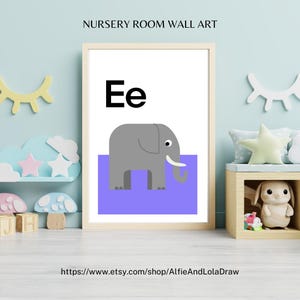 E wie Elephant Print - Alphabet Tier Kinderzimmer Wand Kunst | Safari Kinderzimmer Dekor | Lehrreiches A-Z Poster | Baby-Dusche-Geschenk