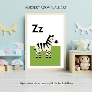 Z come stampa zebrata – Decorazione murale con alfabeto per la cameretta dei bambini / Decorazione safari per la cameretta dei bambini / Poster educativo dalla A alla Z / Regalo per baby shower / Realizzato su ordinazione
