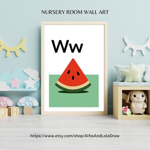 Stampa "W" come anguria - Arte murale con alfabeto per la cameretta dei bambini / Decorazione per la cameretta dei bambini con frutta / Poster educativo dalla A alla Z / Regalo per baby shower / Realizzato su ordinazione