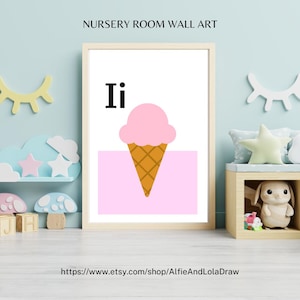 I come gelato - Stampa da parete con alfabeto per la cameretta dei bambini / Decorazione moderna per la cameretta dei bambini / Poster educativo dalla A alla Z / Regalo per baby shower / Realizzato su ordinazione