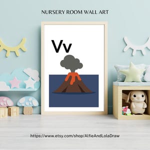 Impresión con la letra V de Volcán: arte mural con el alfabeto para guardería, decoración de aventuras para habitación infantil, póster educativo de la A a la Z, regalo para baby shower, hecho a medida.