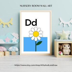 D wie Daisy Print - Alphabet Blumen Kinderzimmer Wandkunst | Botanische Kinderzimmer Dekor | Lehrreiches A-Z Poster | Baby Mädchen Geschenkidee