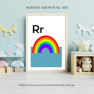 R come stampa arcobaleno – Arte murale con alfabeto per la cameretta dei bambini / Decorazione colorata per la cameretta dei bambini / Poster educativo dalla A alla Z / Regalo per baby shower / Realizzato su ordinazione