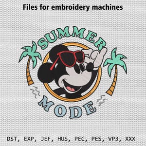 Summer Mode Embroidery Design, Cool Cartoon Vacation File, Palm Tree Beach Pattern, Digital Machine Embroidery, Instant Download
