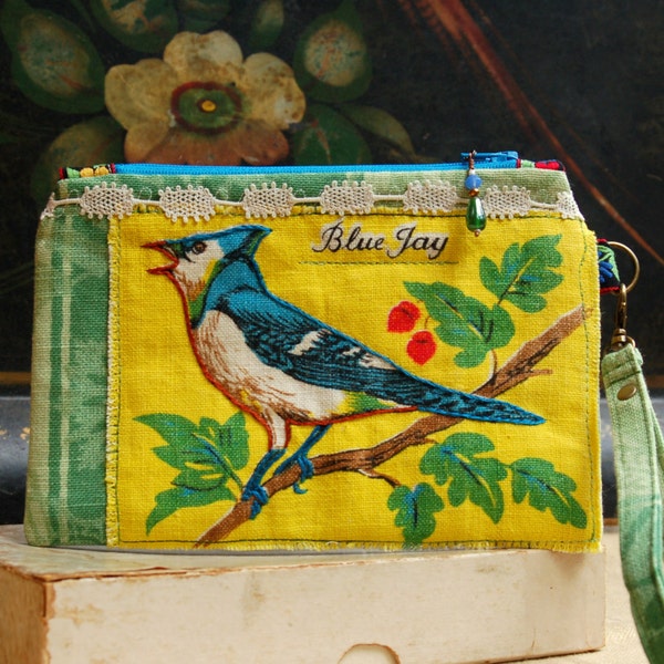 Wristlet Zipper Pouch, Small Purse, Vintage Linen 1974 Bird Calender Upcycle, Blue Jay, Embroidery, Vintage Lace, Calico Lined