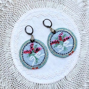 Handmade Floral Embroidered Linen Earrings: Seed Bead Accents